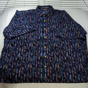 Blue and Red Casual Button Down Shirt with Artistic Pattern